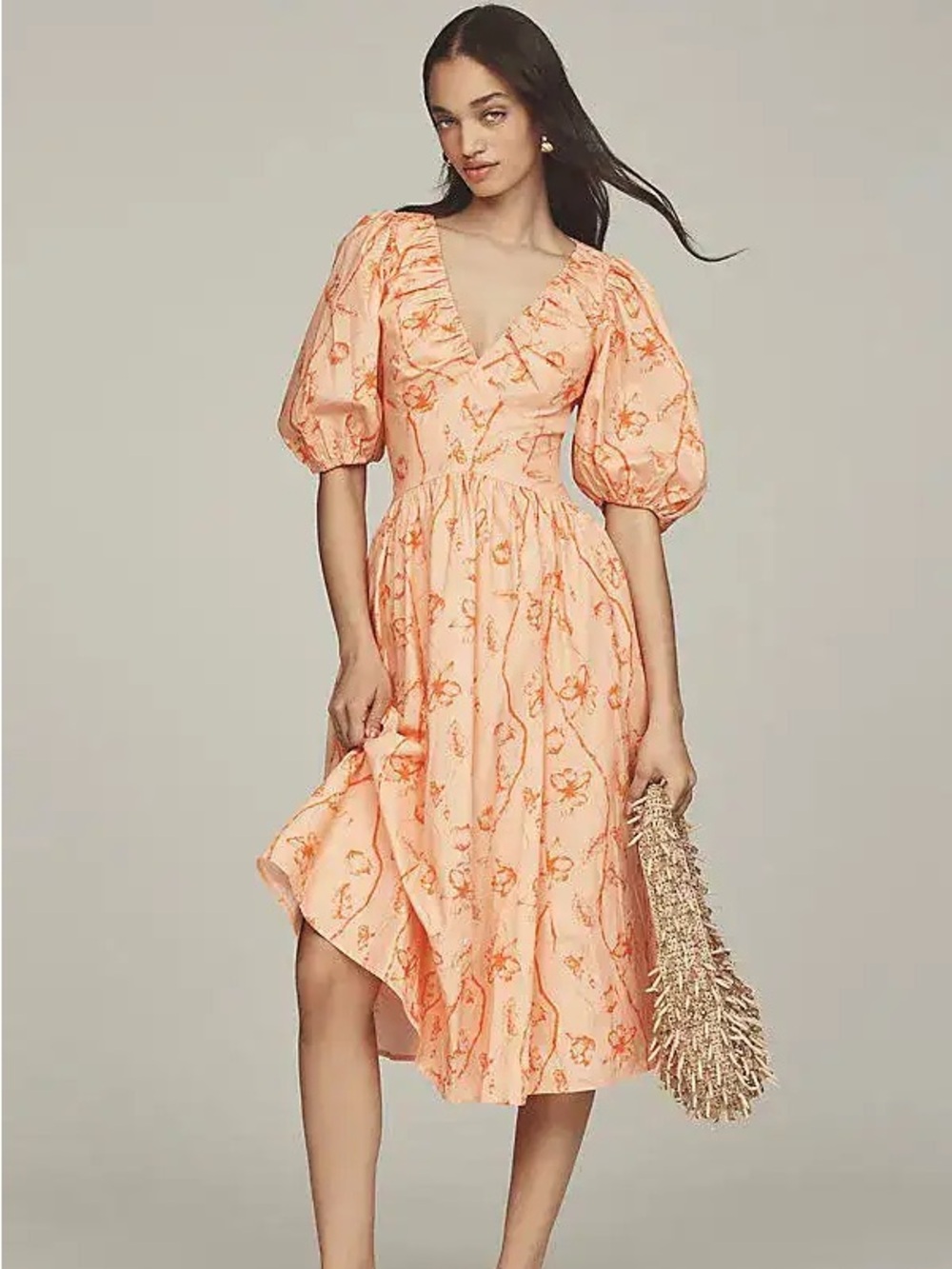 Hutch Madilyn Puff-Sleeve V-Neck Midi Dress